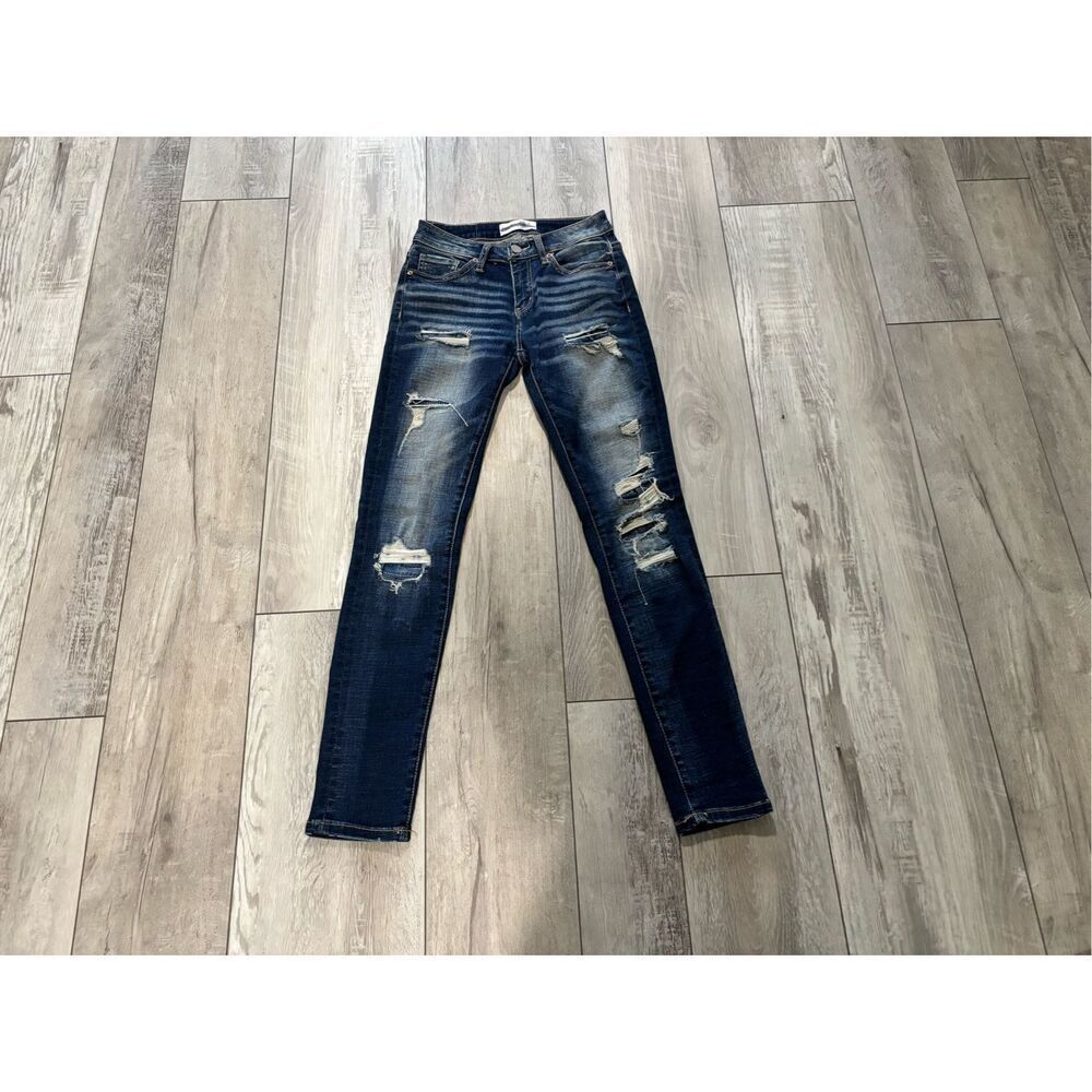 BKE Women's Skinny Jeans in Dark Blue with Distressed Rips